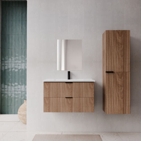 pack meuble salle de bain 80cm et colonne de rangement - façades ondulées décor bois - milo
