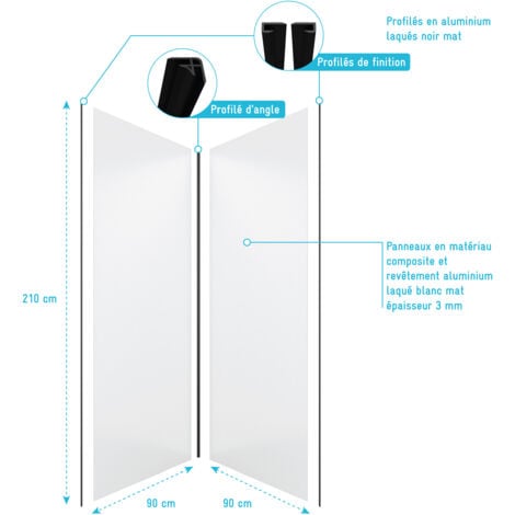 pack de 2 panneaux muraux aluminium blanc 90+90x210 cm avec profilés noir mat - wall'it