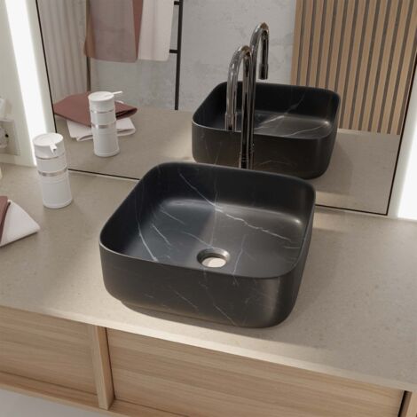 vasque à poser carrée en céramique noire mat effet marbre 38x38x14 cm - black marble (1/5)