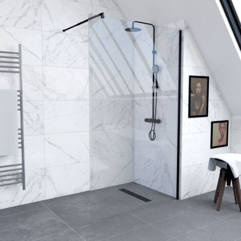 paroi de douche 140x200cm verre transparent - barre de fixation extensible et profil noir