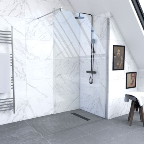 paroi de douche 140x200cm verre transparent - barre de fixation extensible et profil chrome