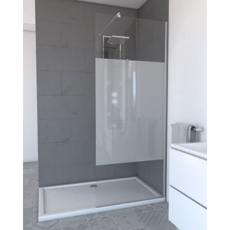 paroi de douche dépolie 90x200cm + barre de fixation extensible - verre 8mm - finition chrome