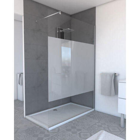 paroi de douche dépolie 140x200cm + barre de fixation extensible - verre 8mm - finition chrome