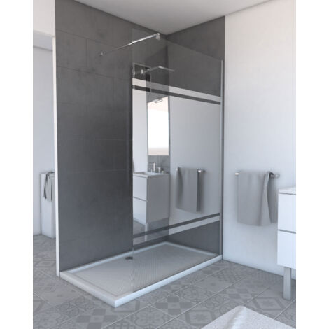 paroi de douche 140x200cm - bande miroir - barre de fixation extensible et profil chrome (1/4)