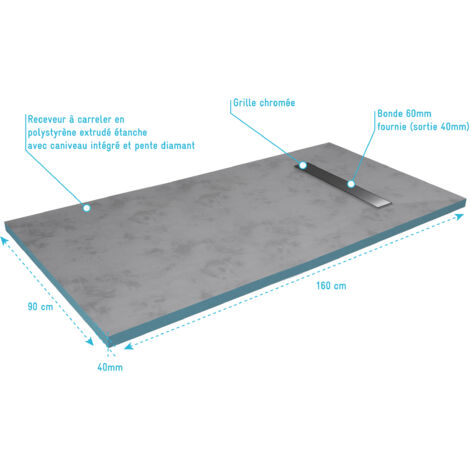 Receveur de douche à carreler AURLANE - 90x160cm recoupable sur mesure - Avec bonde caniveau Rainy Linear 160