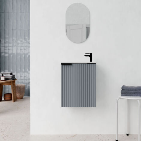 ensemble meuble lave mains mdf ondulé gris 40x50x22cm et miroir ovale - milo