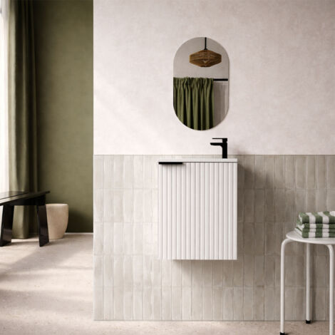 ensemble meuble lave mains mdf ondulé blanc 40x50x22cm et miroir ovale - milo