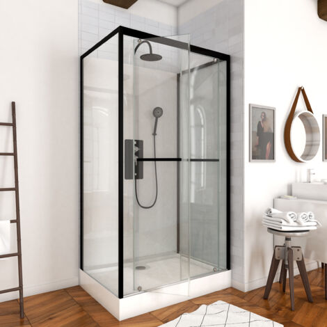 cabine de douche rectangulaire 110x80x230cm - extra blanc et profilé noir mat - lunar