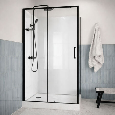 cabine de douche rectangle 115x90 - colonne thermostatique noire et receveur haut effet pierre (1/5)