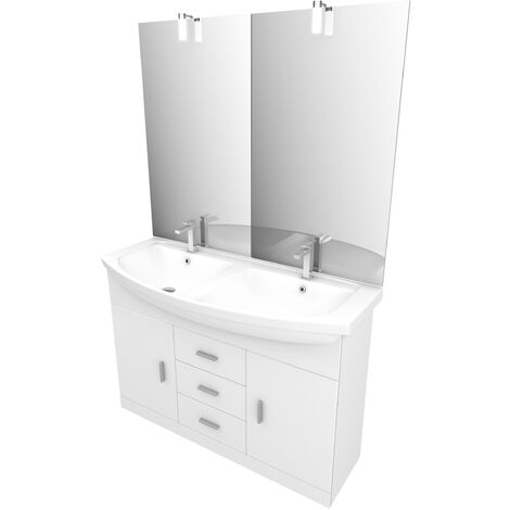 Meuble de salle de bain blanc double vasque 120cm sur pied + vasque ceramique blanche + miroir led