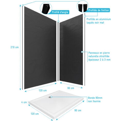 pack panneaux muraux pierre finition ardoise 120+90 - profilés noir mat + receveur acrylique 120x90