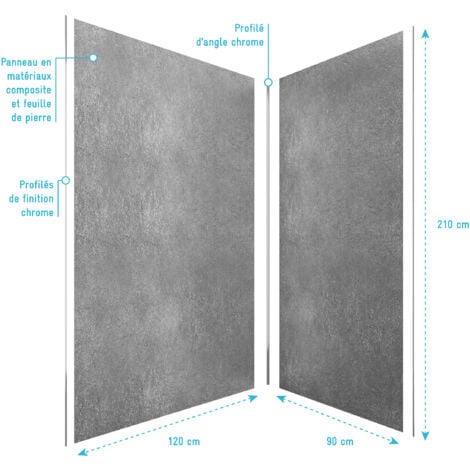 pack de 2 panneaux muraux pierre silver grey 90+120x210 cm avec profilés anodise brillant - stone'it