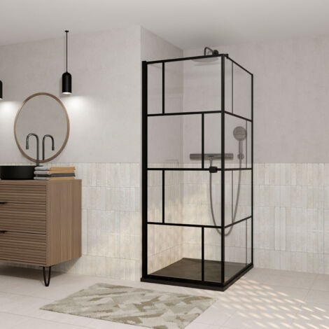 porte de douche pivotante 90x180cm et retour 90cm motif brique noir - verre 8mm anticalcaire (1/5)