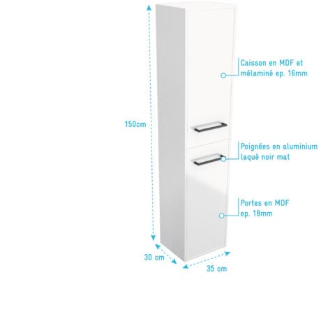 Colonne de salle de bain blanche 30x35x150 cm - 2 portes blanches poignees noir mat - STRUCTURA P015