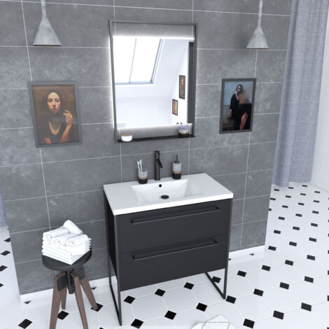 pack meuble de salle de bain 80x50 cm noir mat - 2 tiroirs noir mat - vasque blanche + miroir led (1/4)