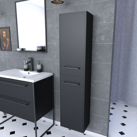 colonne de salle de bain noir 30x35x150 cm avec 2 portes et poignées noir mat - structura f050