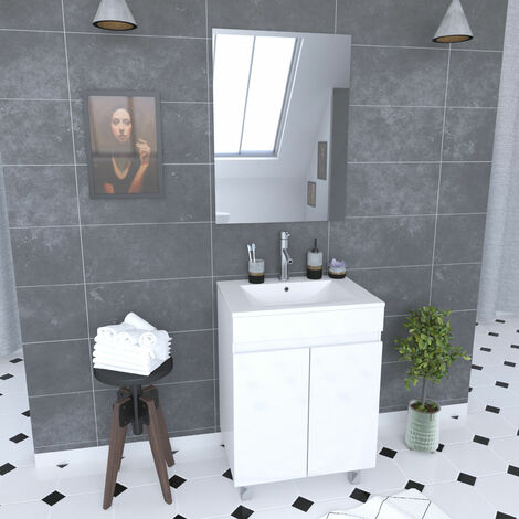Ensemble meuble de salle de bain 60x45x81-meuble MDF-melamine brillant blanc-vasque  ceramique+miroir