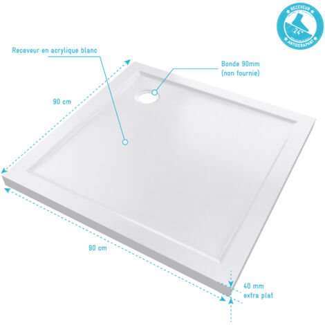RECEVEUR DE DOUCHE A POSER EXTRA PLAT EN ACRYLIQUE BLANC CARRE- 90x90 cm - BAC DE DOUCHE