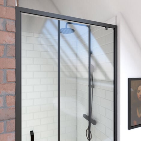 paroi porte de douche pivotante type industriel - 90x200cm - profile noir mat - verre 6mm