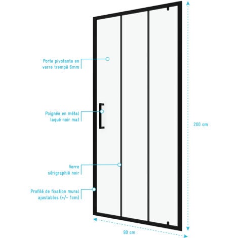 paroi porte de douche pivotante type industriel - 90x200cm - profile noir mat - verre 6mm