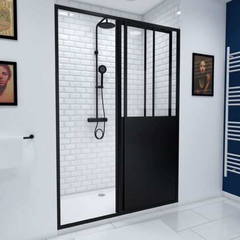 pack porte coulissante noire mate type 'atelier' et receveur blanc effet pierre - 120x90x200 cm
