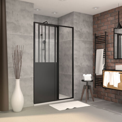 porte coulissante noire mate 'atelier' et receveur à grille linéaire effet pierre - 120x90x200 cm