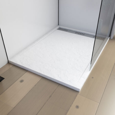 Aurlane – Receveur de douche acrylique blanc effet pierre 80x120x4 cm – Surface antidérapante – Évacuation linéaire avec grille chrome (1/4)