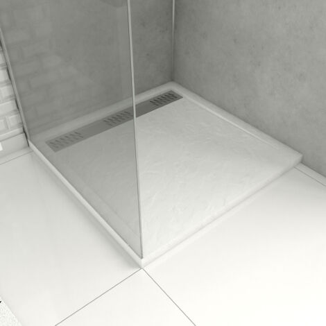 receveur en acrylique blanc effet pierre 90x90x4 cm - grille linéaire chrome - moon