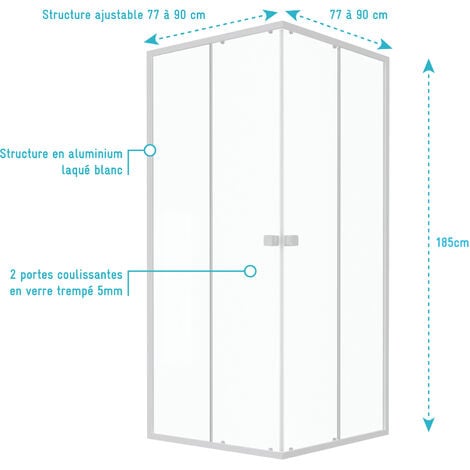 Paroi porte de douche carrée blanc extensible 77 à 90cm de largeur - verre transparent - WHITY