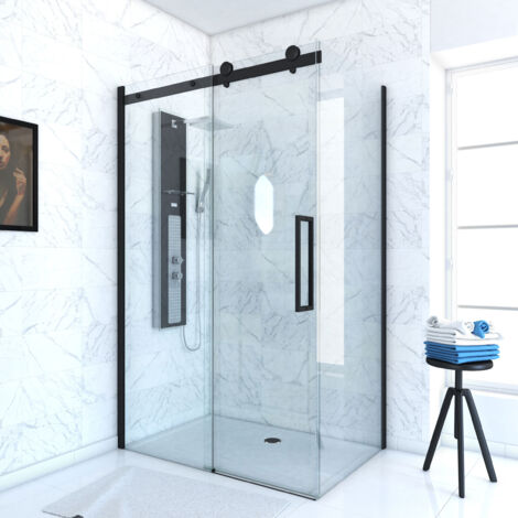 Aurlane – Paroi de douche coulissante 140x200 cm – Verre trempé 8 mm – Rail soft close noir mat – Paroi de retour 80 cm – Installation rapide (1/4)