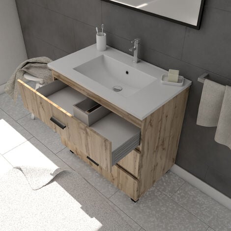 Ensemble meuble de salle de bain - Chene industriel - tiroirs -pieds en aluminium noir mat - miroir