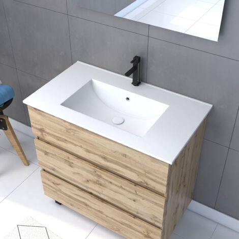 Pack Meuble SDB 80cm sur pieds 3 tiroirs CheneVasque blanche + Miroir Led - TIMBER 80Pack46
