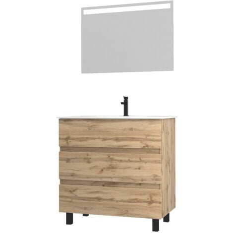Pack Meuble SDB 80cm sur pieds 3 tiroirs CheneVasque blanche + Miroir Led - TIMBER 80Pack46
