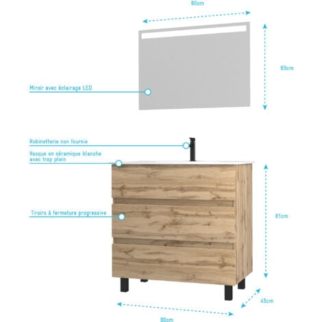 Pack Meuble SDB 80cm sur pieds 3 tiroirs CheneVasque blanche + Miroir Led - TIMBER 80Pack46
