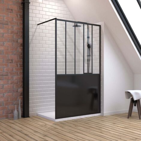 pack paroi de douche 120x200 cm noir mat + receveur a poser rectangle blanc - finition pierre (1/4)