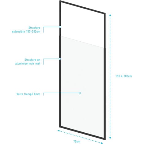 pare baignoire 75x153cm extensible jusqu’à 202cm - aluminium noir mat - verre trempé 6mm - stretchy
