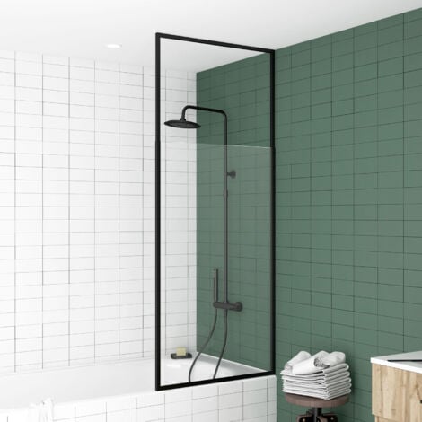 pare baignoire 75x153cm extensible jusqu’à 202cm - aluminium noir mat - verre trempé 6mm - stretchy