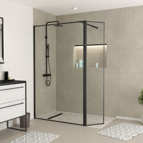 paroi de douche avec volet pivotant - cadre et bras alu. noir mat - 120+40x200cm - dark contouring