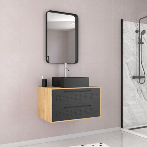 meuble salle de bains 80 cm, vasque carrée et miroir - chêne naturel et noir mat - uby