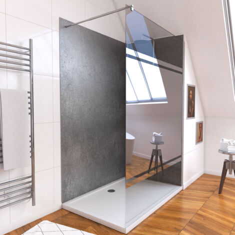 Aurlane – Ensemble complet douche à l'italienne 120x90 cm – Receveur acrylique blanc – Paroi miroir 120x200 cm – Panneaux muraux STONE'IT Silver Grey (1/4)