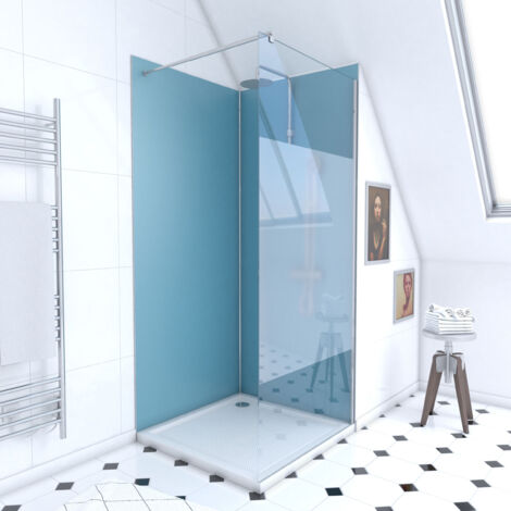 pack douche a l'italienne 90x90 - kit panneaux muraux bleu/chrome + receveur + paroi depolie 8 mm (1/4)