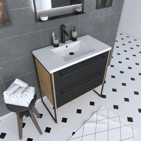 Meuble de salle de bain 80x50cm - vasque blanche 80x50cm - 2 tiroirs noir mat