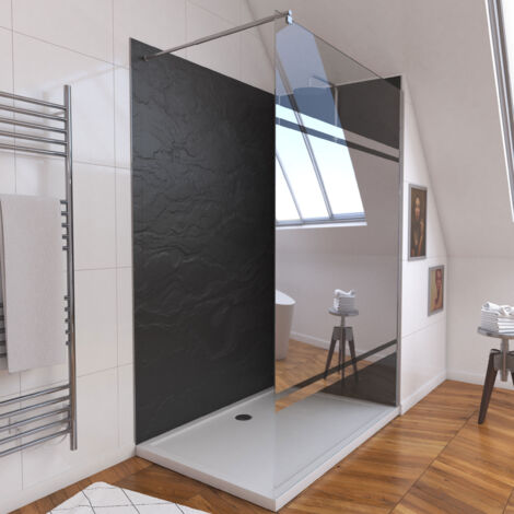Aurlane – Ensemble complet douche à l'italienne 90x90 cm – Receveur antidérapant – Paroi miroir 120x200 cm – Panneaux muraux effet ardoise STONE'IT 90x210 cm (1/4)