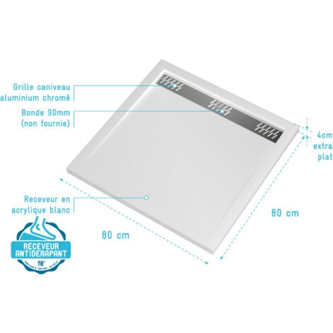 Receveur en acrylique Blanc 80x80x4 cm - Grille Linéaire Chrome - WHITENESS II