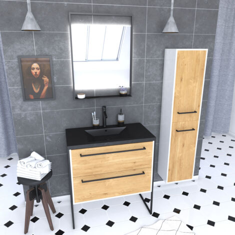 meuble salle de bains 80 cm, vasque noire, miroir led et colonne - blanc et chêne - structura (1/4)