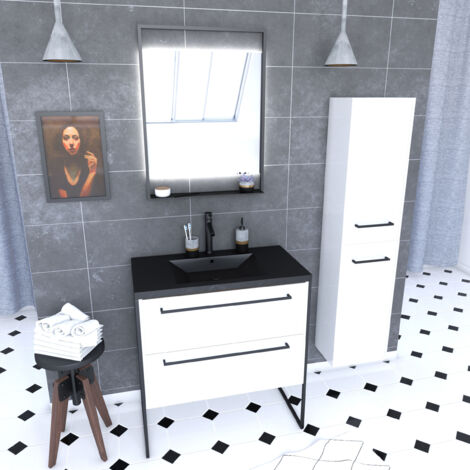meuble salle de bains 80 cm, vasque noire, miroir led et colonne - blanc - structura (1/4)
