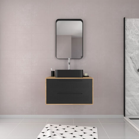 meuble salle de bains 80 cm, vasque rectangulaire et miroir - chêne naturel et noir mat - uby