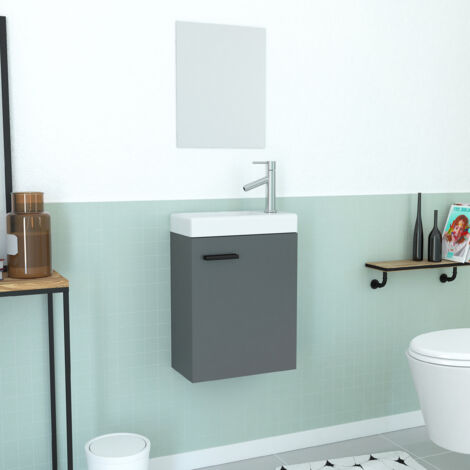 Aurlane – Meuble lave-mains avec miroir – Dimensions 50x40 cm – Caisson MDF gris avec 1 porte – Vasque en céramique blanche – Poignée aluminium noir mat (1/4)