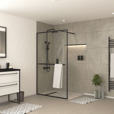 paroi de douche noir mat 120x200cm - porte-serviette et étagère - dark contouring shelf