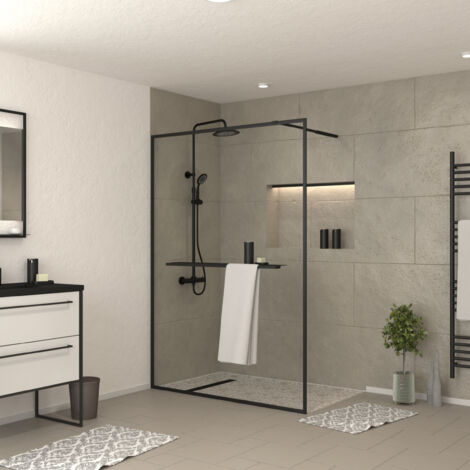paroi de douche noir mat 140x200cm - porte-serviette et étagère - dark contouring shelf